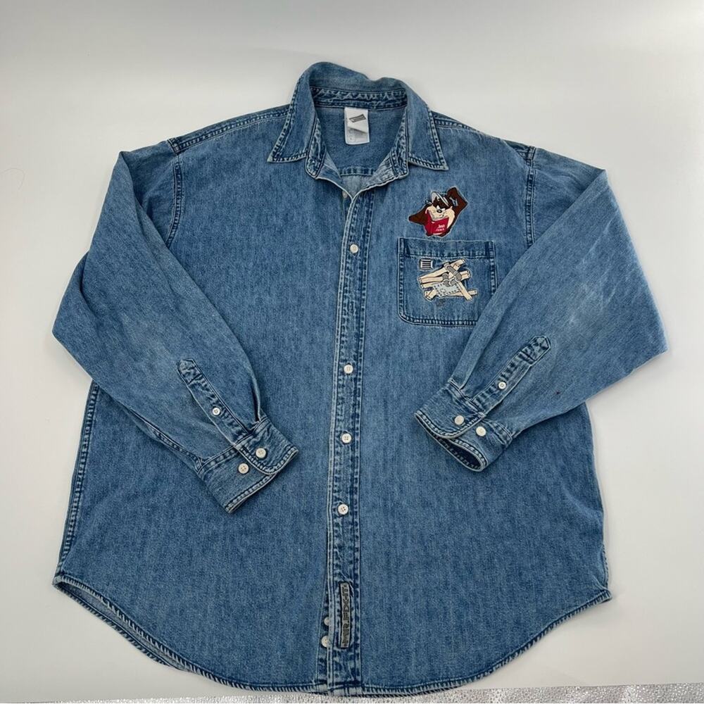 Vintage Warner Bros Taz Tazmanian Devil Men’s Button Up Blue Shirt Mr. Fix It